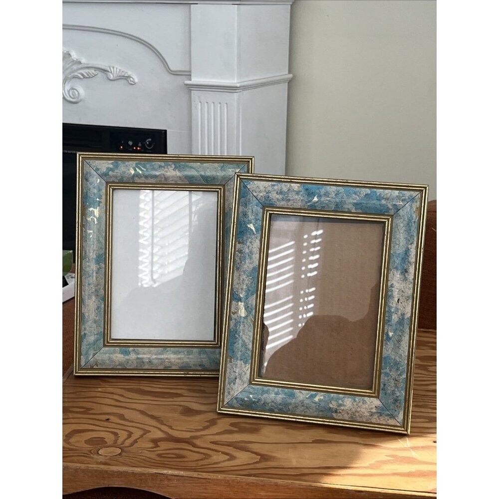 Pair Vintage Gold Blue Picture Frames Burnes Holds 5x7 Pair